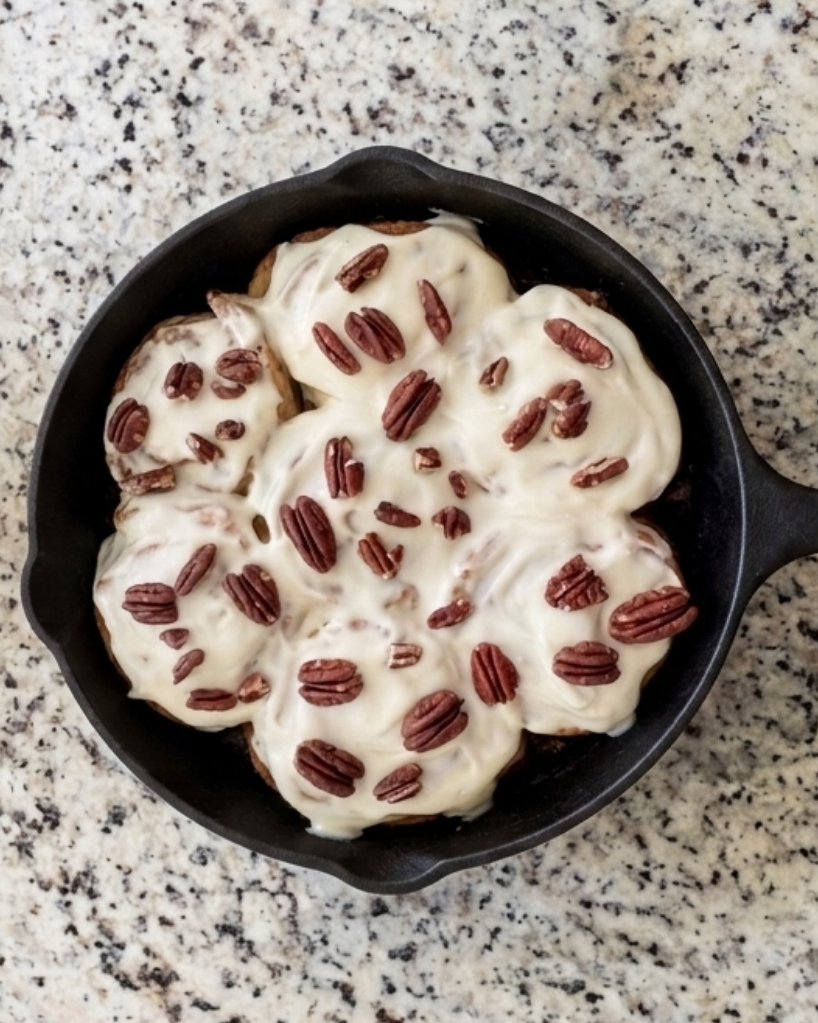 Baked goods with pecans in a black skillet on a speckled countertop