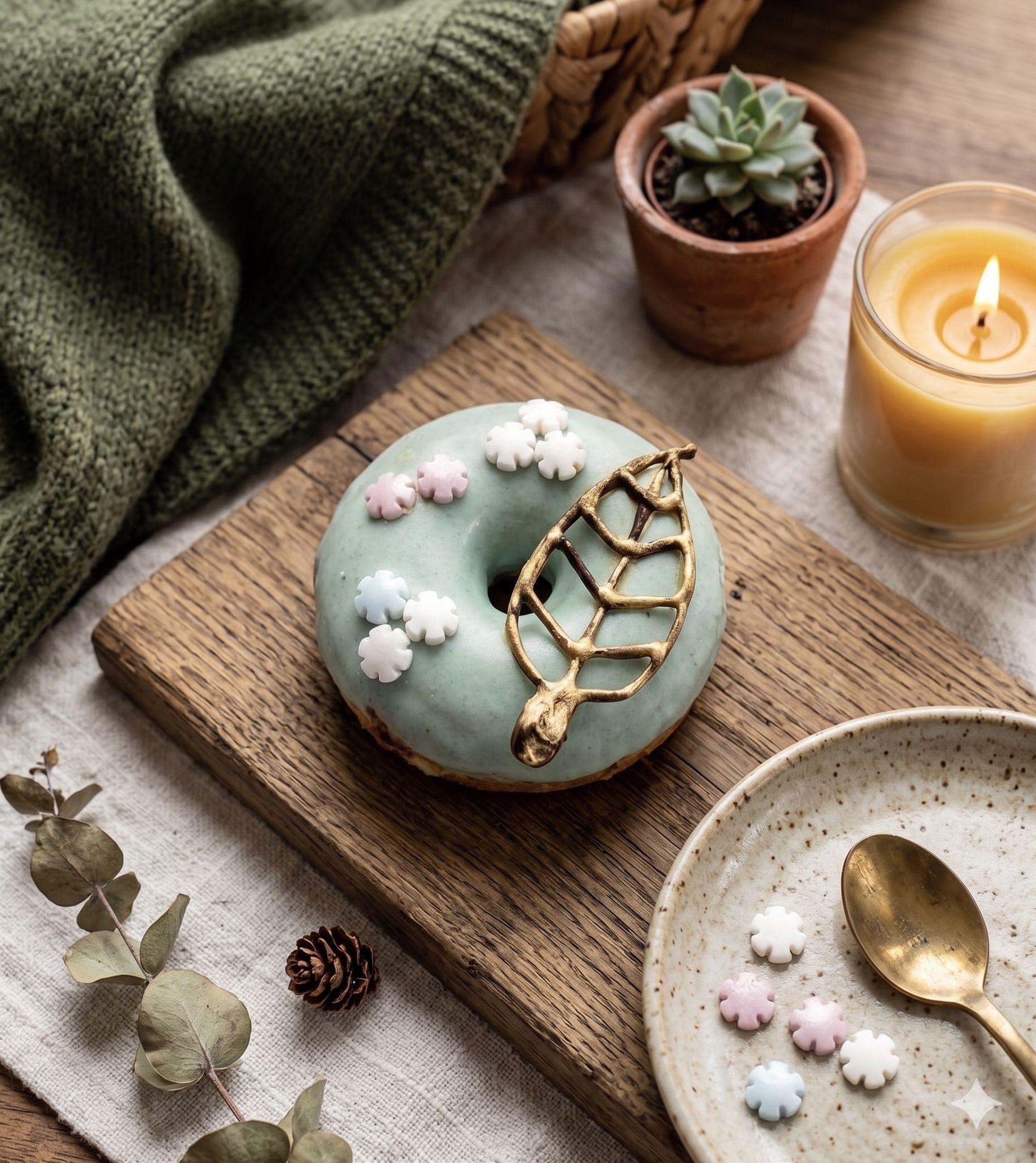 Decorative donuts with gold leaf on a wooden board with a candle and plant in the background
