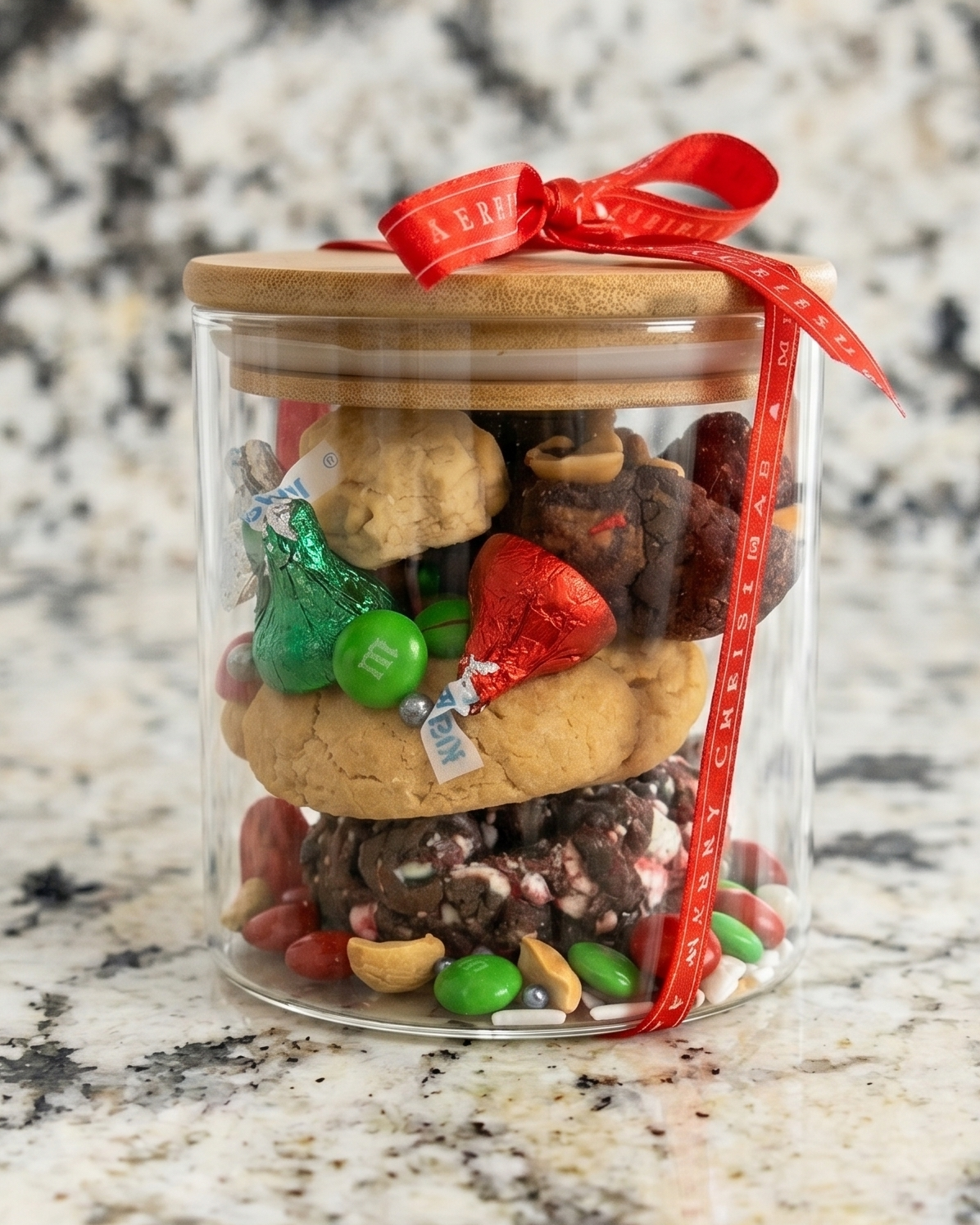 Glass jar filled with assorted cookies and candies on a marble surface