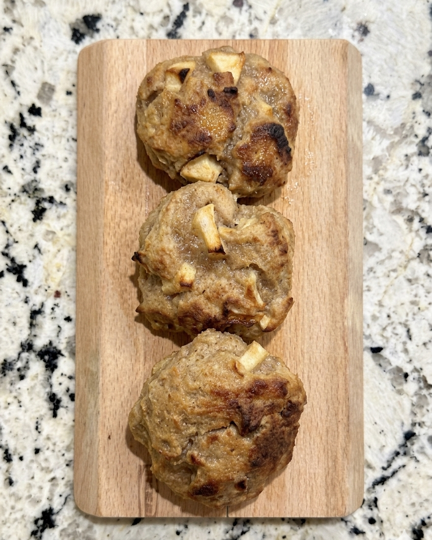 Three muffins on a wooden cutting board with a granite countertop background