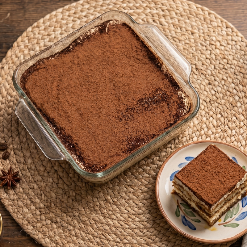 Tiramisu dessert in a glass dish on a wooden table with a small plate of dessert and coffee beans.